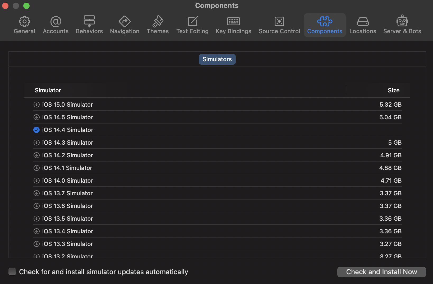 Xcode Preferences의 Components 탭에서 시뮬레이터 설치